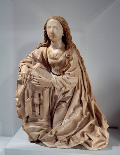 Ilmoituksen neitsyt. Tilman Riemenschneiderin (1460-1531) marmoriveistos monivärisillä korkeilla 1400-luvun lopulla. Pariisi, Musee du Louvre tekijältä Tilman Riemenschneider