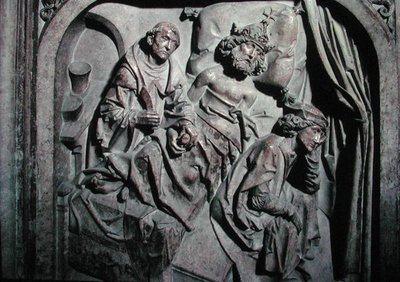 Henri II:n (973-1024) ja hänen vaimonsa Kunigunden hauta, yksityiskohta keisarista, jota ohjasi Pyhä Benedictus tekijältä Tilman Riemenschneider