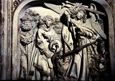 Henri II:n (973-1024) ja hänen vaimonsa Kunigunden hauta, yksityiskohta Henri II:n sydämen punnitsemisesta St. Laurencen läsnäollessa tekijältä Tilman Riemenschneider