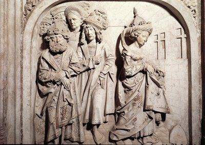 Henrik II:n 973-1024 ja hänen vaimonsa Kunigunden hauta, yksityiskohta Kunigunden oikeudenkäynnistä aviorikoksesta epäiltynä, 1499-1513, kivi. tekijältä Tilman Riemenschneider