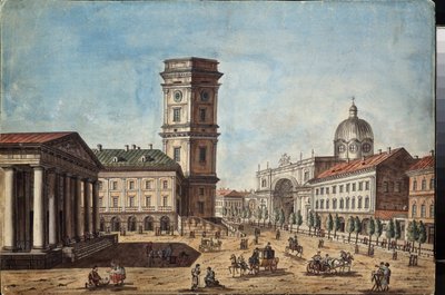 Näkymä Pietarin Nevski Prospektille (Näkymä Pietarin Nevski Prospektille) - Timofei Aleksejevitš Vasiljevin (1783-1838) teos, akvarelli ja tussi paperille, noin 1810 - venäläinen taide tekijältä Timofei Alexeyevich Vasilyev