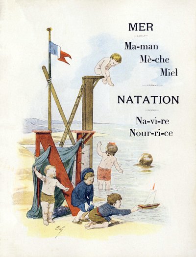 Kirjaimet M ja N edustavat lapsia rannalla, 1800-luvun loppu (kromolitografia) tekijältä Timoleon Marie Lobrichon