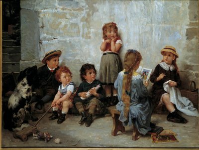 Jännittävä kohta Lapset kuuntelevat kirjaa. Timoleon Lobrichonin (1831-1914) maalaus 1800-luvulta. Yksityinen kokoelma tekijältä Timoleon Marie Lobrichon