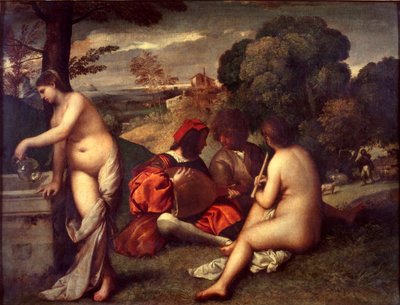 Pastoraalikonsertti, c 1509 (öljy kankaalle) tekijältä Titian (c.1488 1576) (attr. to)