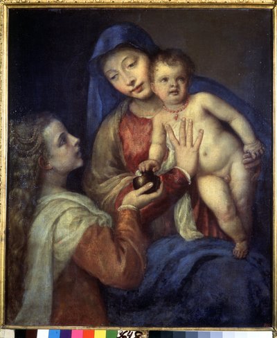 Madonna ja lapsi Maria Magdalenan kanssa. Titianin maalaus (Tiziano Vecellio tai Vecelli tai Tiziano da Cador tekijältä Titian (c.1488 1576)