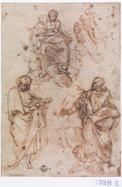 Madonna ja lapsi istuvat pilvien päällä pyhien tai apostolien kanssa (kynä ja muste paperille) tekijältä Titian (c.1488-1576)