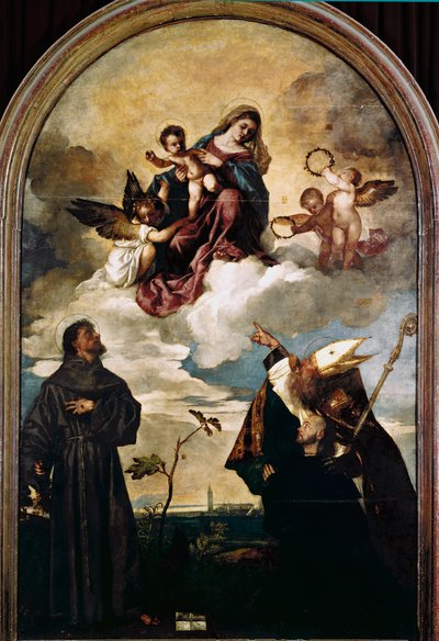 Madonna kunniassa lapsen, pyhien Franciscuksen ja Alvisen sekä lahjoittajan Luigi Gozzin kanssa tekijältä Titian (c.1488 1576)
