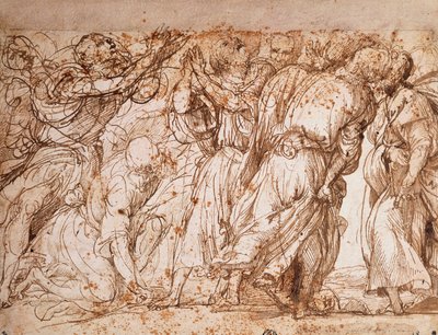 Tutkimus apostolien ryhmästä Frarin taivaaseenastumisen kirkossa Venetsiassa, Tiziano Vecellio (n. 1490-1576), kynä- ja mustepiirustus tekijältä Titian (c.1488 1576)