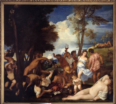 Bacchuksen saapuminen Androsin saarelle (Bacchanal of the Andrii). Saapuminen Bacchuksesta Androsin saarelle. Kuva, joka esittää satiirien ja bacchantien juhlaa jumalallisen Bacchuksen (Baccanal) kunniaksi. Tiziano Vecellion maalaus nimeltä Tizian (1485-15 tekijältä Tiziano Vecelli