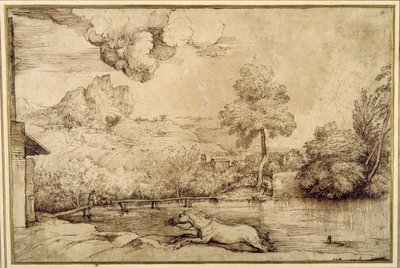 Maisema: ratsastamaton hevonen, jota käärme takaa (kynä ja ruskea muste kermanvärisellä paperilla) tekijältä Titian (c.1488 1576)