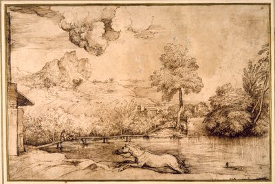 Maisema: ratsastamaton hevonen, jota käärme takaa (kynä ja ruskea muste kermapaperilla) tekijältä Titian (c.1488 1576)