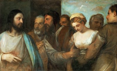 Le Christ et la femme adultere - Kristus ja aviorikoksesta otettu nainen, kirjoittanut Tizian (1488-1576). Öljy kankaalle, c. 1520. Mitat : 82,5x136,5 cm. Taidehistoriallinen museo, Vienne tekijältä Tiziano Vecelli
