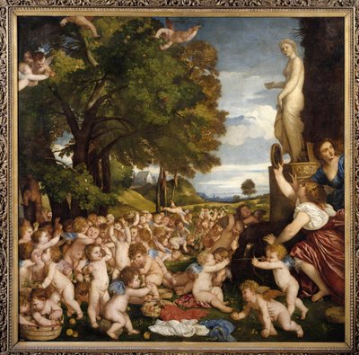 Offrande a Venus Pienet rakkaudet (enkelit) kokoontuvat kunnioittamaan jumalatar Aphroditea - Tiziano Vecellion maalaus nimeltä Titian (1485-1576) 1518 Sun. 1,72 x 1,75 m Madrid Musee du Prado - Venuksen palvonta - Tiziano Vecellion maalaus Tit tekijältä Tiziano Vecelli