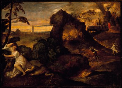 Tiziano Vecellion Orphee ja Eurydice -maalaus nimeltä Titian (n. 1490-1576). 1500-luvun Accademia Carrara, Bergamo tekijältä Tiziano Vecelli