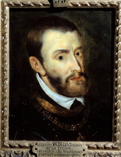 Keisari Kaarle V:n (1500-1558) muotokuva Augustine Quesnelin (1595-1661) maalaus Tiziano Vecellion mukaan, joka tunnetaan nimellä Le Titian (1485-1576) 1500-luvulla. Chantilly, Musee Conde tekijältä Titian (c.1488 1576)
