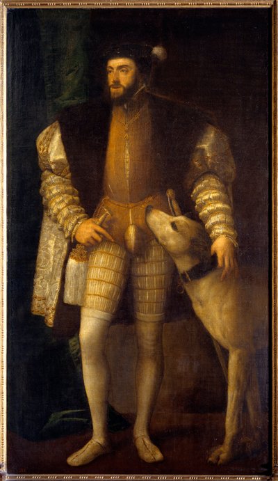Muotokuva keisari Kaarle V:stä (1500 - 1558) 35-vuotiaana koiransa Samperen kanssa. Titian Vecellio Le Titianista (1485-1576) tekijältä Tiziano Vecelli