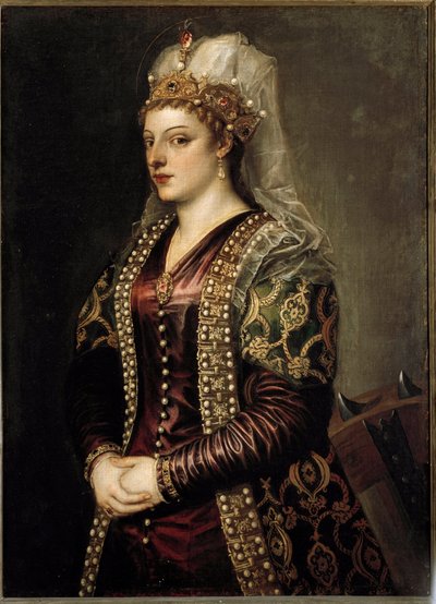 Kyproksen kuningattaren Caterina Cornaron muotokuva pyhänä Katariina Aleksandrialaisena. n. 1542 (maalaus) tekijältä Tiziano Vecelli