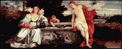 Tiziano Vecellion pyhä rakkaus ja maallinen rakkausmaalaus nimeltä Titian (1490-1576) noin 1515. Aurinko. 118x279 cm Rooma, Galleria Borghese - Pyhä ja profaani rakkaus - Tiziano Vecellion maalaus, nimeltään Tizian (n. 1488-1576), öljy kankaalle, n. 1515 ( tekijältä Tiziano Vecelli