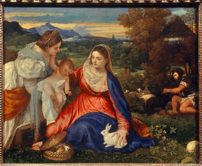 Neitsyt ja lapsi Pyhän Katariinan kanssa tai Neitsyt kanin kanssa Tiziano Vecellio dit le Titianin (1485-1576) maalaus 1500-luvun su. 0,71 x 0,87 m Pariisi, tekijältä Tiziano Vecelli