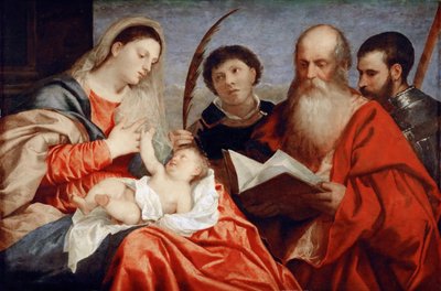 Neitsyt ja lapsi pyhien Stephenin, Jerome ja Maurice kanssa - Tizian (1488-1576). Öljy puulle, c. 1520. Mitat : 92,7x138 cm. Taidehistoriallinen museo, Vienne tekijältä Titian (c.1488 1576)