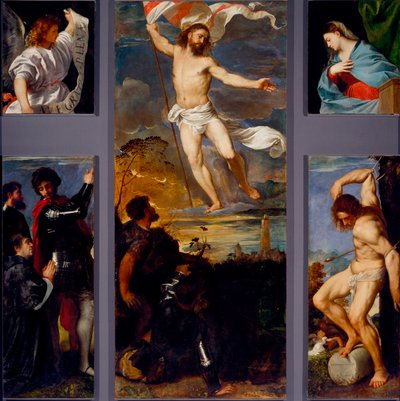 Ylösnousemus "" Neitsyt"" "" Pyhä Sebastian""" ja sponsorit. Averoldin polyptyykin paneelit. Tiziano Vecellion maalaus puulle nimeltä Titian (n. 1490-1576) 1500-luvun Brescia, Pyhien Nazzaron ja Celson kirkko tekijältä Titian (c.1488 1576)