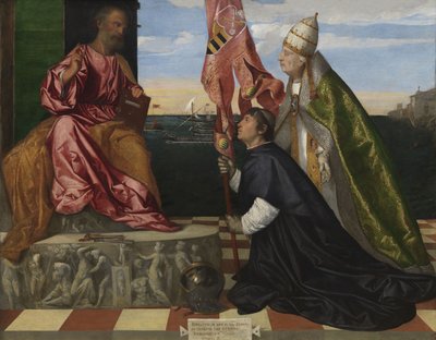 hollanniksi: Jacopo Pesaro, Pafoksen piispa, jonka paavi Aleksanteri VI Borgia esittelee Pyhälle Pietarille Jacopo Pesaro, Pafoksen piispa, jonka paavi Aleksanteri VI esittelee Pyhälle Pietarille tekijältä Titian