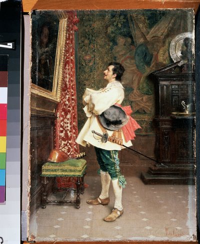 "Ennen muotokuvaa" (Ennen muotokuvaa) Mies, pukeutunut 1600-luvun muskettisoturiin, ihailemassa maalausta (oma muotokuvansa) Tito Contin (1842-1924) maalaus Mikhail Kroshitsky Art Museum, Sevastopol (Sevastopol) Ukraina tekijältä Tito Conti