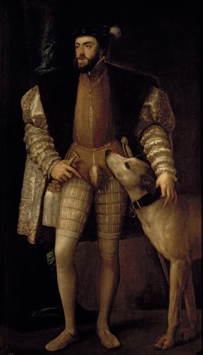 Kaarle V (1500-58) Pyhän Rooman keisari ja Espanjan kuningas koiransa kanssa, 1533 tekijältä Tiziano Vecelli