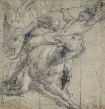 Hevonen ja ratsastaja putoavat, c. 1537 (musta liitu harmaalla paperilla) tekijältä Tiziano Vecelli