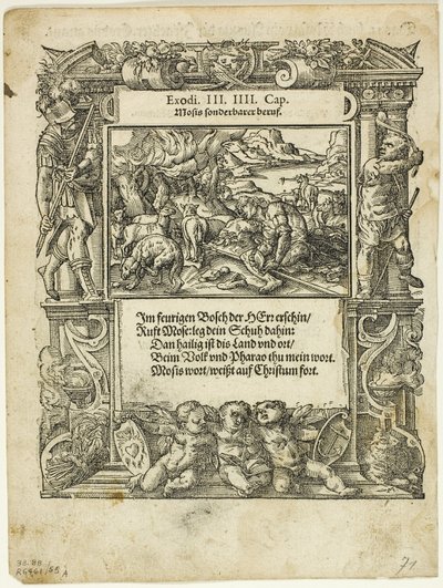 Mooses ja palava pensas (recto) ja Infant Mooses in the River (verso) Neue künstliche Figuren biblischer Historien, levy 55 puupiirrokset XVI vuosisadan kirjoista tekijältä Tobias Stimmer