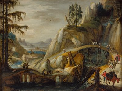 Matkustajat alppimaisemassa (öljy paneeliin) tekijältä Tobias Verhaecht