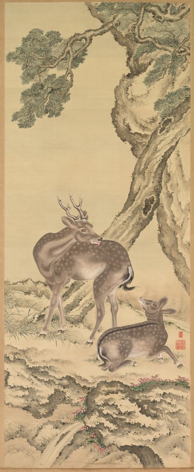 Pitkäikäisyyden symbolit: Hirvi persikan alla ja mänty persikka vasen, 1801. tekijältä Toda Tadanaka