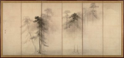 Pine Trees Parin kuusiosaisia taittoseinämiä vasemmalla, 1500-luku tekijältä Hasegawa Tohaku