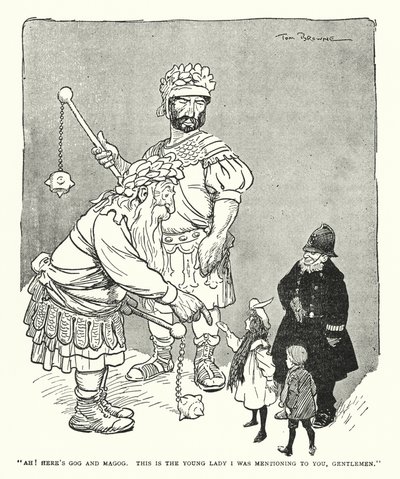 "Ah! Tässä on Gog ja Magog, tämä on nuori nainen, jonka mainitsin teille, herrat" (litho) tekijältä Tom Browne