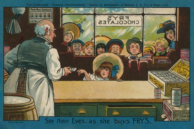 Tyttö ostaa suklaata kaupasta (värilitografia) tekijältä Tom Browne