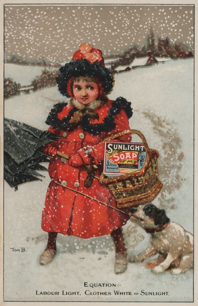 Tyttö kävelee kotiin lumessa: mainos Sunlight-saippualle (chromolitho) tekijältä Tom Browne