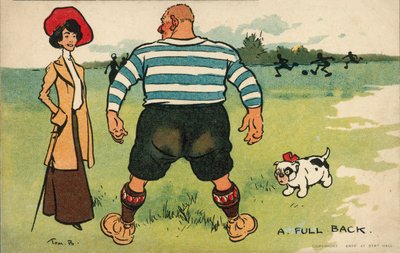 Suuri jalkapalloilija ja koiraa ulkoiluttava nainen (värilitografia). tekijältä Tom Browne