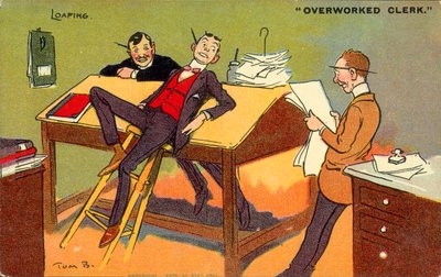 Laiskotteleva, ylityöllistetty virkailija (värilitografia) tekijältä Tom Browne