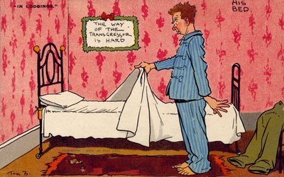 Mies miettii epämukavaa yhden hengen sänkyään (värilitografia). tekijältä Tom Browne