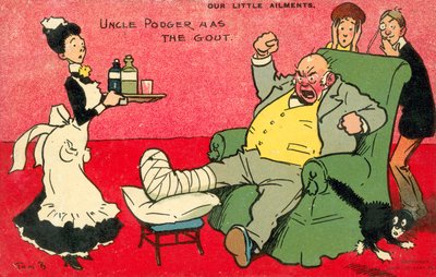 Pikku vaivojamme, Podger-sedällä on kihti (värilitografia) tekijältä Tom Browne