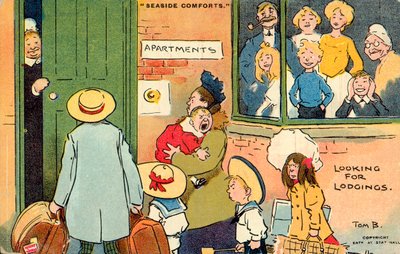 Merenrantojen mukavuudet, majapaikkoja etsimässä (värilitografia) tekijältä Tom Browne