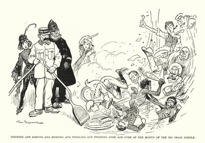 Pyörii ja potkii ja törmää ja kiertelee ja kiertelee yhä uudelleen ja uudelleen suuren messinkisuuttimen suulla (litho) tekijältä Tom Browne