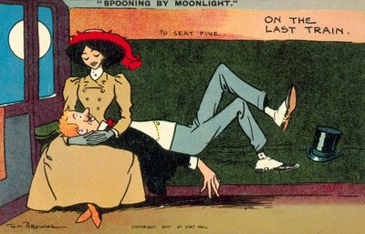 Lusikointi kuunvalossa, Viimeisessä junassa (värilitografia) tekijältä Tom Browne