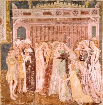 Jäähyväiset, yksityiskohta Tommaso da Modenan (1326-1379) Legend of St Ursulasta, fresko, Santa Caterinan kirkko, Treviso tekijältä Tomaso da (late 15th century) Modena