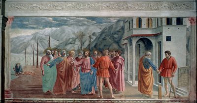 Kunnianosoituksen maksaminen (The Tribute Money). Jeesus ja apostolit saapuvat Kapernaumiin (tai Kefar Nahumiin, Galilean kaupunkiin, nykyään Israelissa), jonne heidän on maksettava vero päästäkseen sisään. Vasemmalla Jeesus selittää Pietarille, että hänen tekijältä Tommaso Masaccio