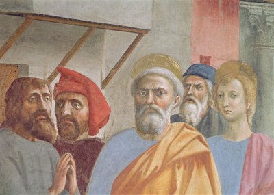 Pyhä Pietari parantaa varjonsa kanssa: yksityiskohta Pietarin freskosta, n. 1427. tekijältä Tommaso Masaccio