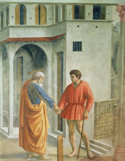 Pietari maksaa veronkerääjälle - yksityiskohta freskosta 31642, n.1427. tekijältä Tommaso Masaccio