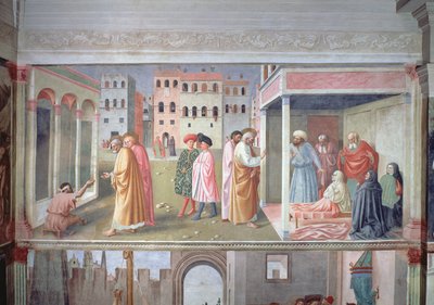 Pyhä Pietari parantamassa rampaa ja Tabithan ylösnousemus, noin 1427, ks. 60508, jossa on yksityiskohtainen kuva jälkimmäisestä freskosta. tekijältä Tommaso Masolino da Panicale