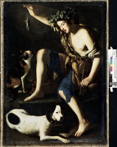 Nuori paimen leikkii kissan kanssa (Young shepherd playing with a cat). Tommaso Salinin maalaus (noin 1575-1625). Öljy puulle tekijältä Tommaso Salini