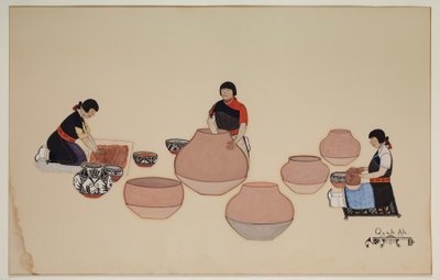Naiset työskentelevät savella, muovausastioita, 1900-luvun alku, 1900-luvun alku (kaseiini paperilla) tekijältä Tonita Peña